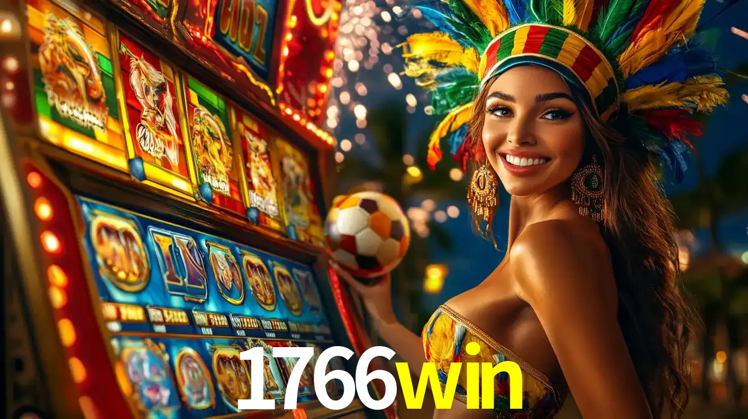 Mulher com um cocar de carnaval ao lado de uma máquina de caça-níqueis enquanto segura uma bola de futebol, mostrando a união da diversão de cassino e esportes no 1766win.