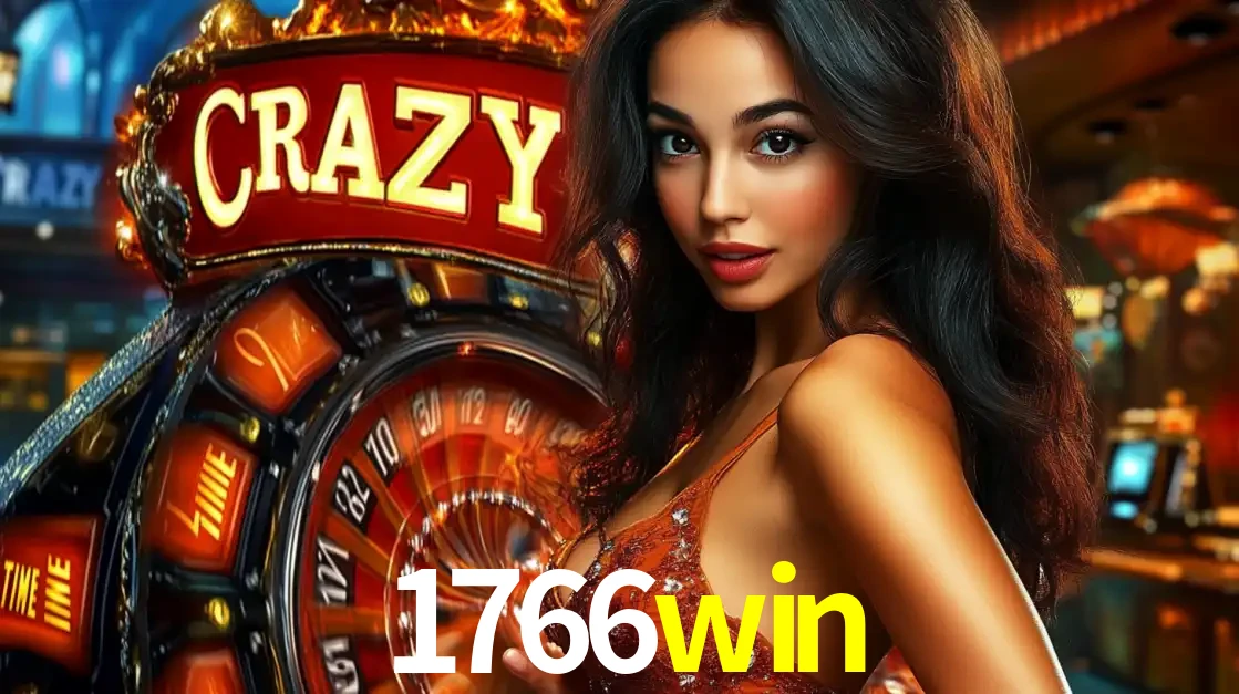 Mulher glamourosa olhando para a câmera com a roda vermelha do Crazy Time ao fundo em um ambiente de cassino, destacando a emoção dos jogos ao vivo no 1766win.
