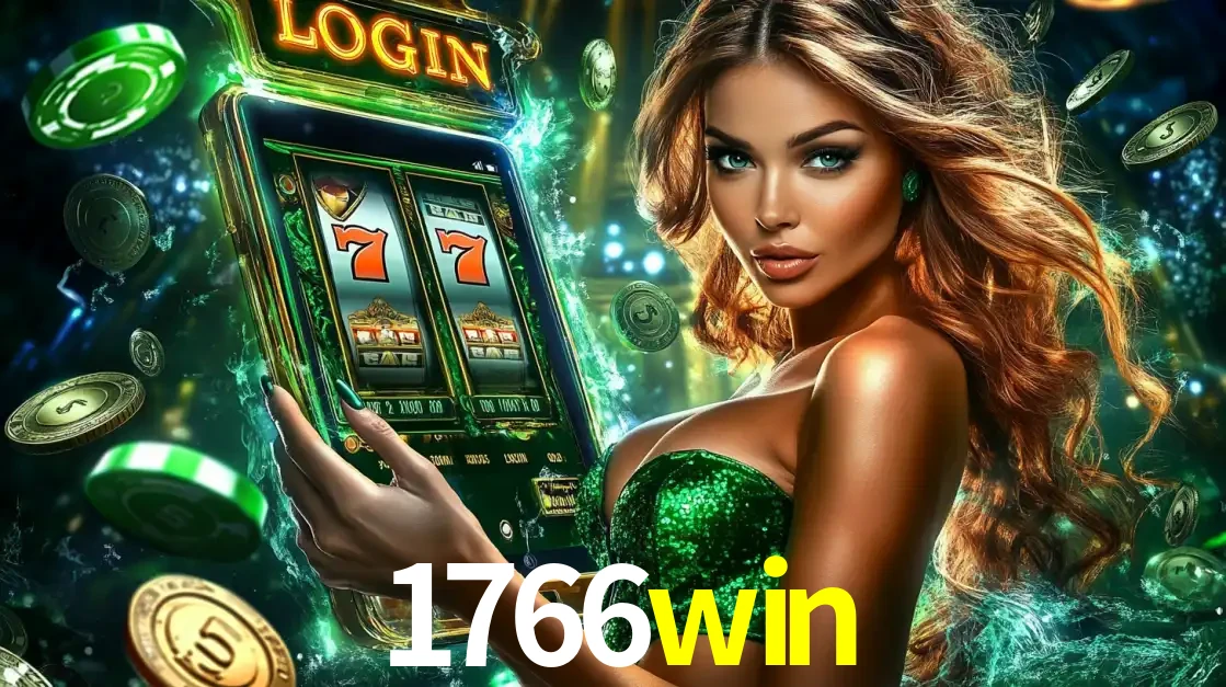 Mulher com tema verde apresentando o aplicativo do cassino 1766win com um jogo de slot de 777, cercada por fichas de cassino e uma aura de sorte.