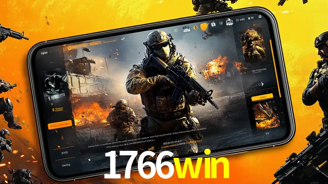 Um smartphone exibindo a interface de um jogo de tiro em primeira pessoa, com um soldado em um cenário de batalha, representando a ação dos e-sports para apostar no 1766win.