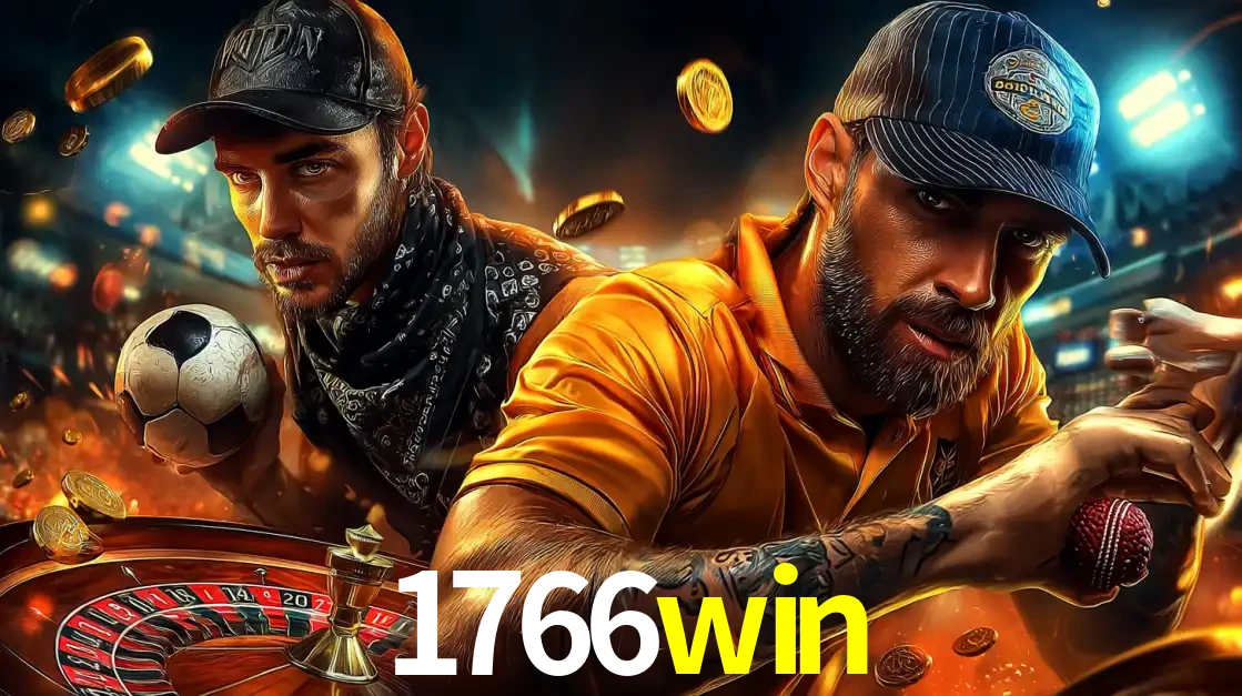 Montagem de apostas esportivas e cassino no 1766win, com um homem segurando uma bola de futebol e outro uma de beisebol sobre uma roleta e moedas voadoras.