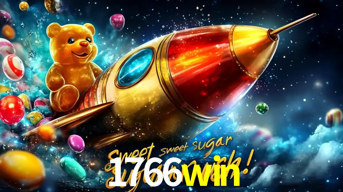 Arte promocional do jogo de slot Sugar Rush, com um urso de pelúcia em um foguete viajando pelo espaço de doces, um dos jogos divertidos disponíveis no cassino 1766win.