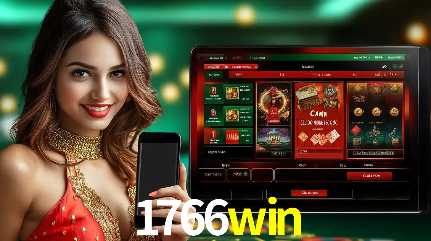 Mulher sorridente segurando um smartphone, ao lado de uma tela exibindo o lobby de jogos do cassino online 1766win, com várias opções de jogos de cartas e slots.